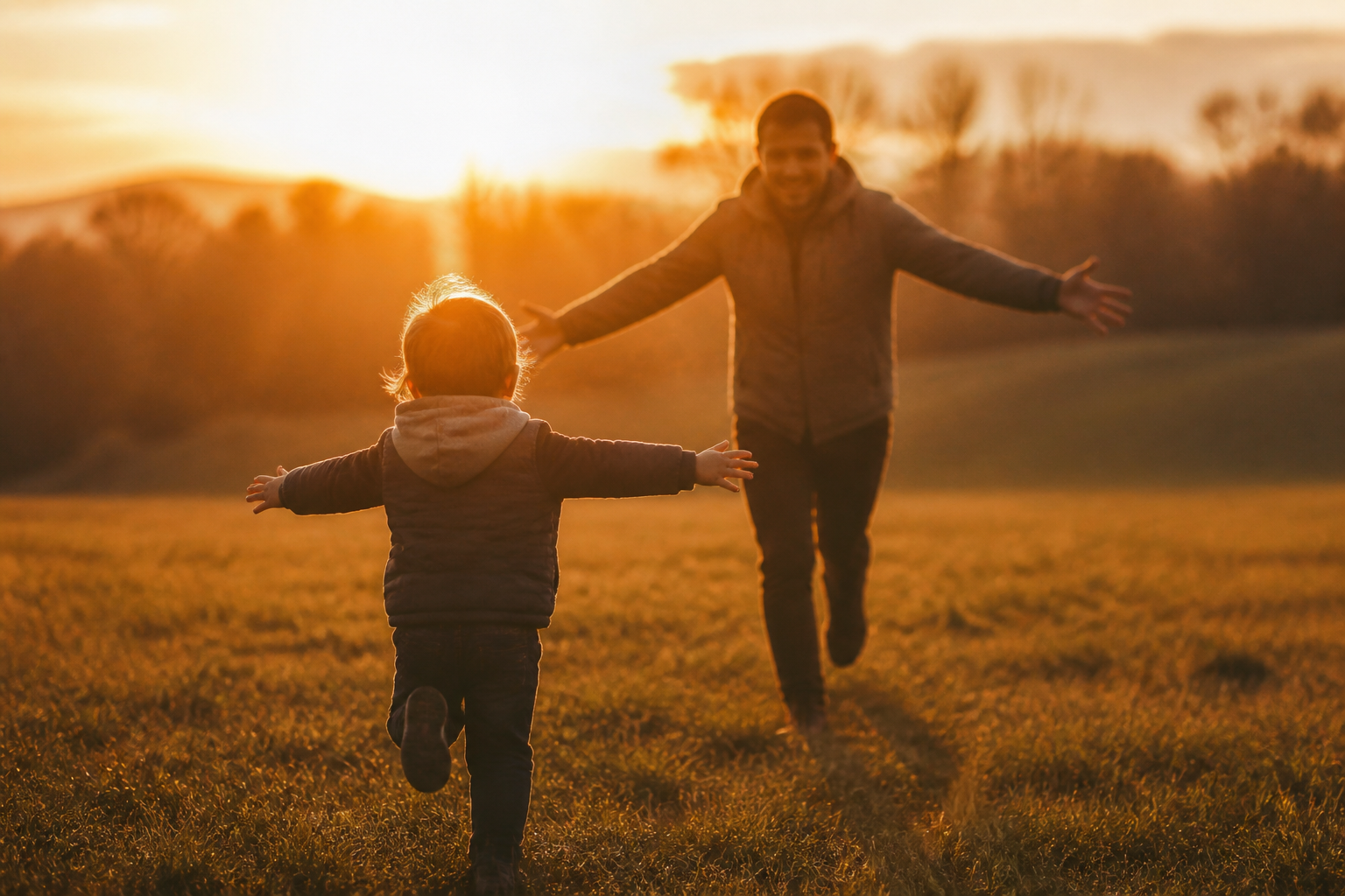 A family running toward each other, reunited at last